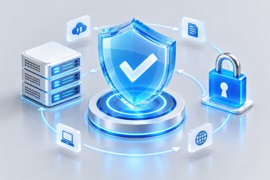 Digital shield protects network servers and data with glowing security icons on a futuristic platform