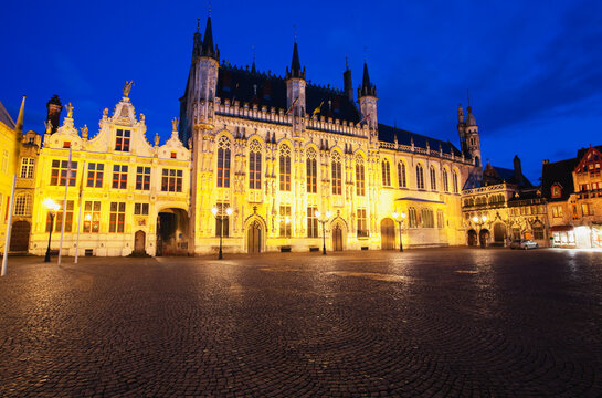 Belgium, Bruges, View of town hall at Burg square