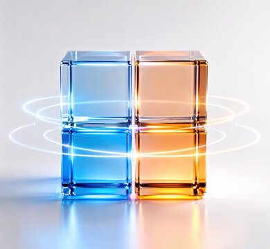 Four glass cubes in cool blue and warm orange hues arranged in a 2x2 grid with swirling light trails around them