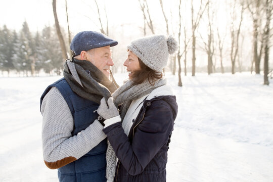 Happy senior couple in winter landscape
