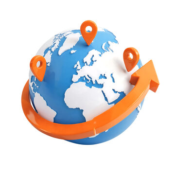 3D globe icon with orange location pins and circular navigation arrow for international shipping or global logistics concept transparent background