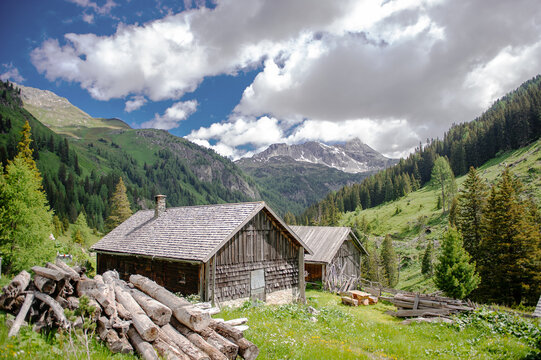 Wooden alpine hut stands in the Riedingtal valley of Austria