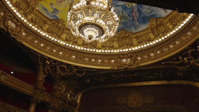 Grand chandelier beneath painted ceiling at Palais Garnier, Paris