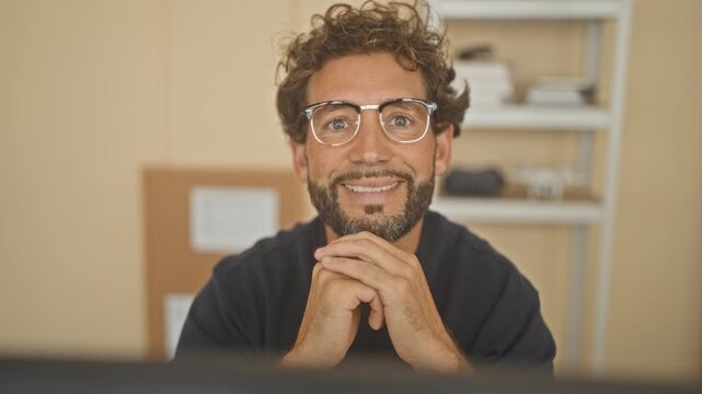 Middle aged man with glasses at computer, hands clasped under chin, smiling in a building office with shelves and boxes visible; approachable professional.