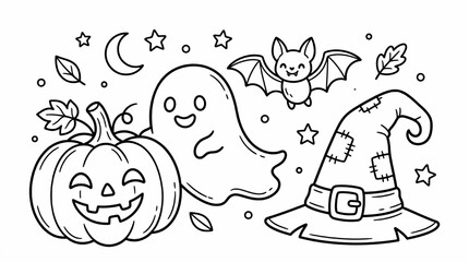Fototapeta premium Black and white halloween coloring page with pumpkin ghost and witch hat