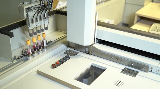 Automated laboratory blood testing equipment processing blood sample tubes for clinical diagnostics and medical laboratory analysis.