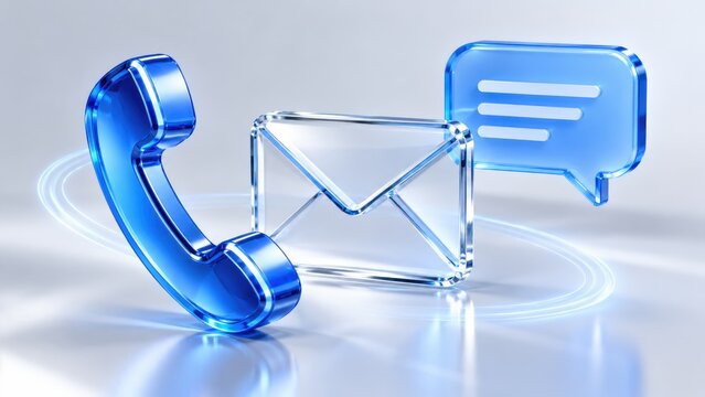 Glass telephone receiver and envelope with speech bubble in digital glow for communication concept