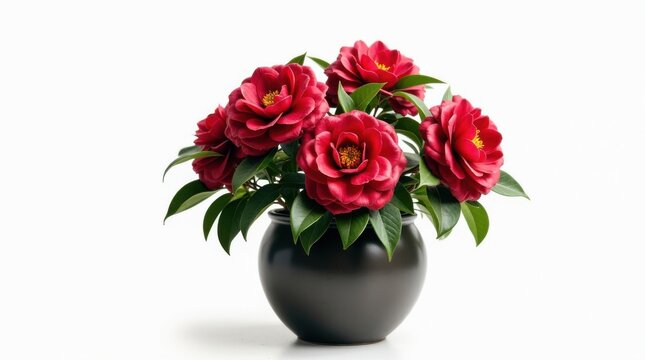 Arbusto de camelias en flor con intensas flores carmes&iacute; en una maceta de cer&aacute;mica de lujo, aislado sobre fondo blanco