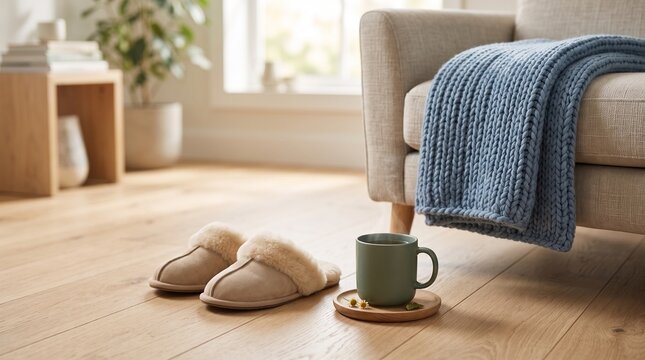 Cozy home scene with sheepskin slippers, a warm mug of tea, and a chunky knit blanket draped over a sofa