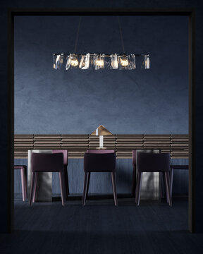 Modern empty restaurant interior with violet chair and chandelier