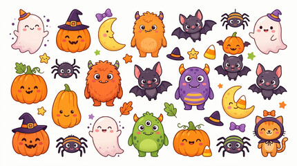 Obraz premium Cute cartoon halloween character icons set