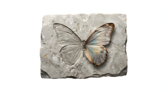 Butterfly Fossil with Shimmering Iridescent Wing Preserved in Stone Isolated on White.