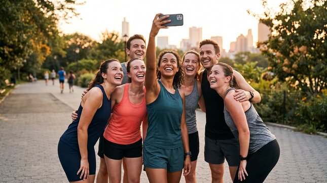 Diverse group of friends taking a joyful selfie after a run in a city park at sunset