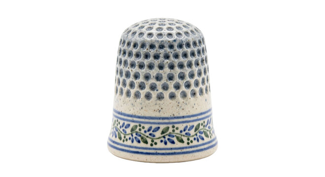 Decorative ceramic thimble with blue floral pattern and dimpled texture