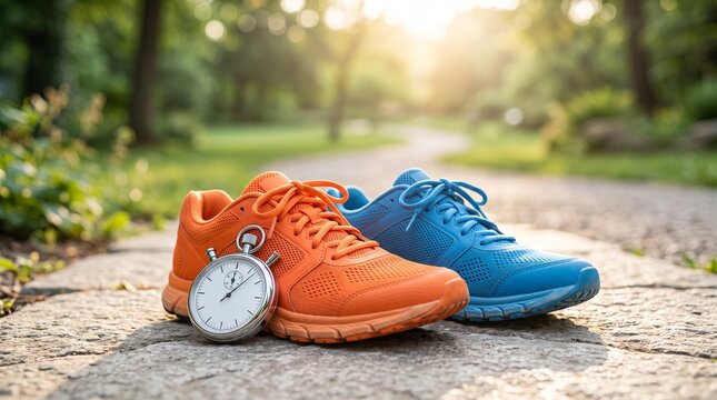 Orange and blue running shoes with stopwatch on stone path in park at sunrise symbolizing fitness and time management