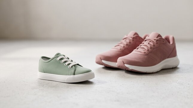 Two pairs of stylish sneakers, one sage green low-top and two dusty rose athletic shoes, arranged on a concrete floor