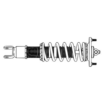 Black and white vector logo design featuring an automotive coilover suspension shock absorber with coil spring, damper body, and mounting mounts
