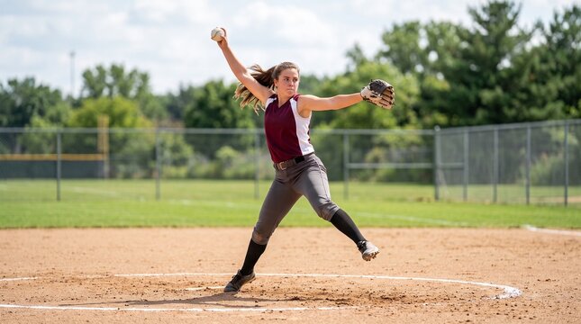 Young female softball pitcher in action throwing a pitch during a game on a sunny day