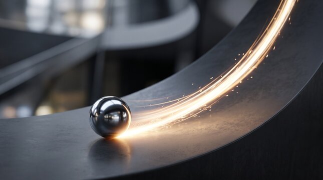 Shiny metal sphere rolling on a curved track leaving a trail of light and sparks symbolizing momentum and innovation