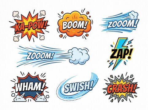 Vibrant comic book sound effects and action words with dynamic illustrations.