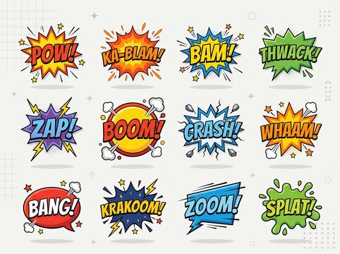 A vibrant collection of comic book style sound effect speech bubbles and exclamations, featuring dynamic pop art graphics like POW, BAM, and BOOM.