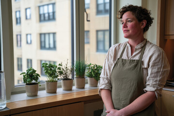 Fototapeta premium A woman gazes thoughtfully out of a sunlit window, surrounded by fresh herbs in pots, capturing the spirit of culinary innovation and organic living.