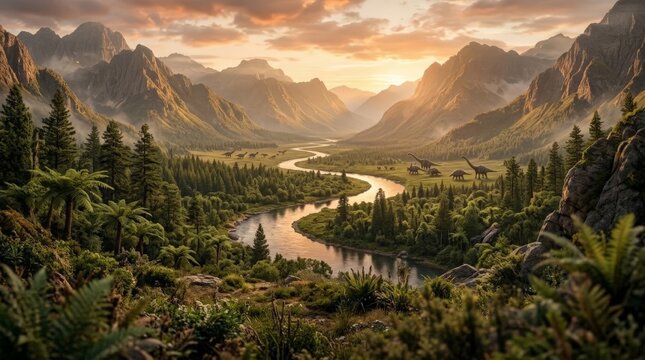 A breathtaking digital art illustration of a lush prehistoric valley where a massive dinosaur roams peacefully near a winding river beneath towering mountains at sunset