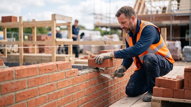Skilled bricklayer in safety vest meticulously laying bricks on a construction site, building a new house with focus and precision