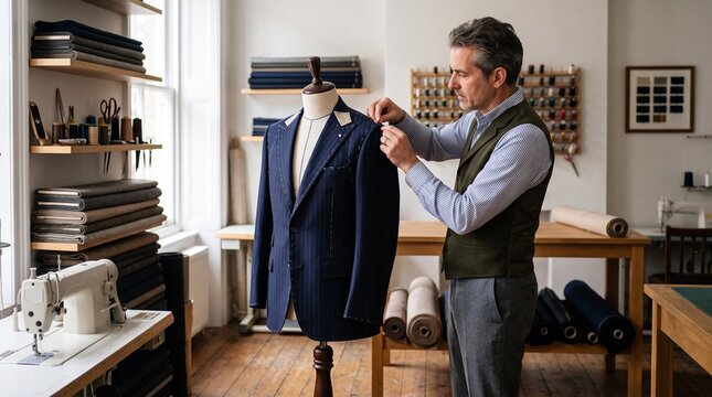 Skilled tailor meticulously fitting a pinstripe suit jacket on a mannequin in a traditional workshop setting with fabric rolls and sewing machine