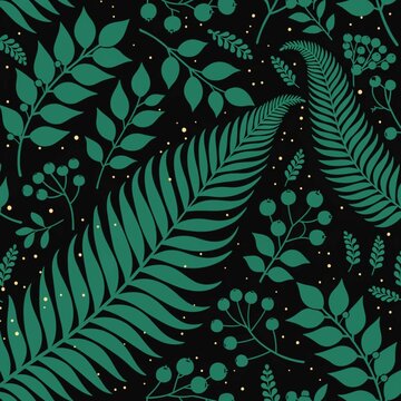  Realistic,  seamless green Christmas vector silhouette plants design with falling golden snow for use on Christmas cards and promotional advertising.