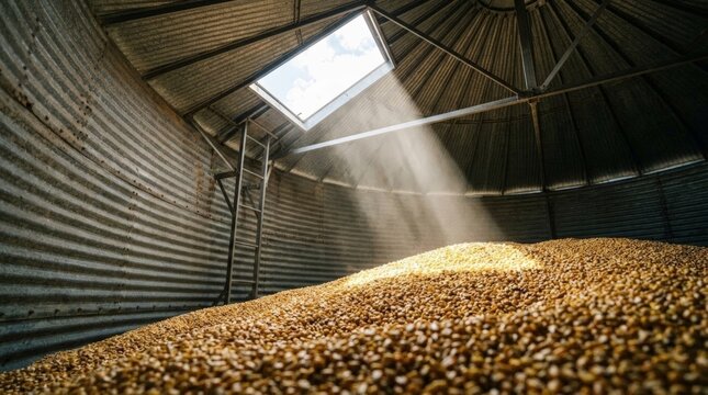 A light beam pours through a roof hatch onto a massive pile of harvested corn inside a metal grain silo harvest, highlighting floating dust specks and the interior structure