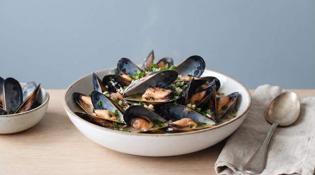 A delicious bowl of steamed mussels cooked in a savory garlic and herb sauce on a wooden table