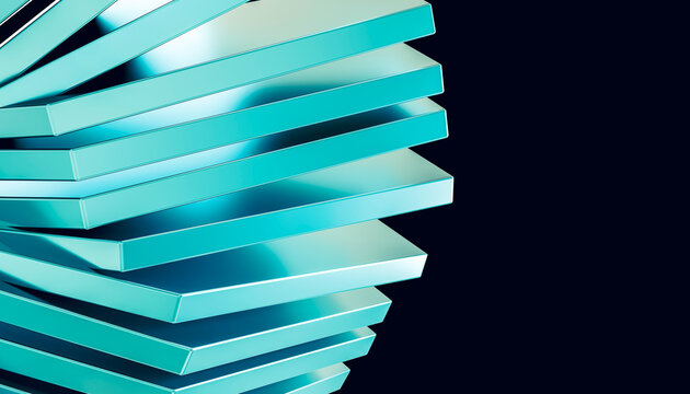 A turquoise layered structure creates a dynamic abstract design