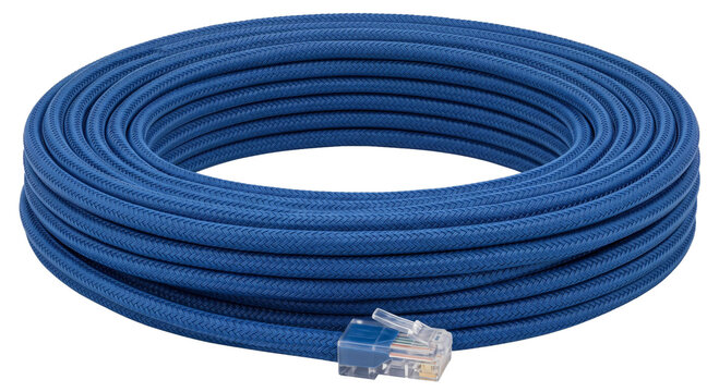 Blue braided Ethernet cable coiled with RJ45 connector visible