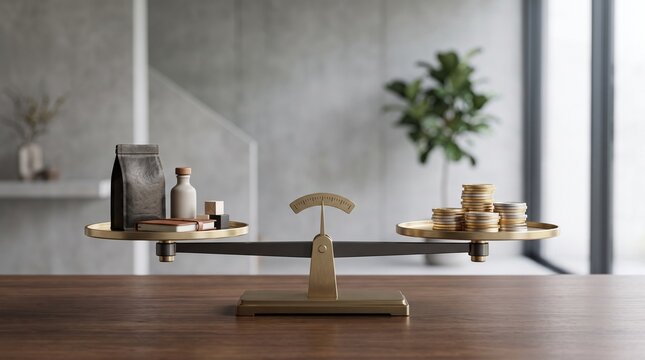 Balance scale comparing goods and money, representing financial decisions and investment choices
