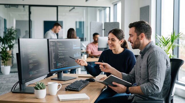 Two diverse software developers collaborate on code reviewing a project on dual monitors in a modern office environment