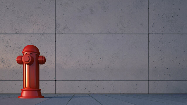Red hydrant in front of concrete wall, 3D Rendering