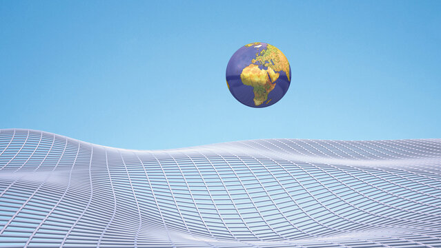 Globe floating over grid structure, 3D Rendering
