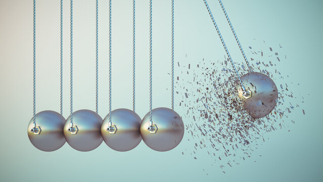 Exploding ball in Newton's cradle, 3d rendering