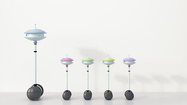 Row of little robots following each other