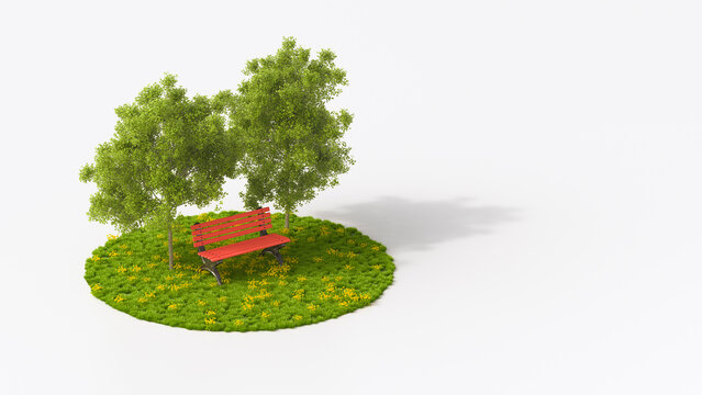 Red bench under oak trees on grass