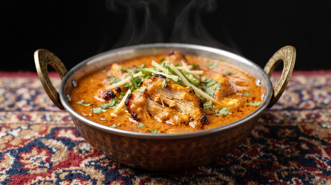 Chicken tikka karahi in creamy tomato gravy garnished with ginger and green chili