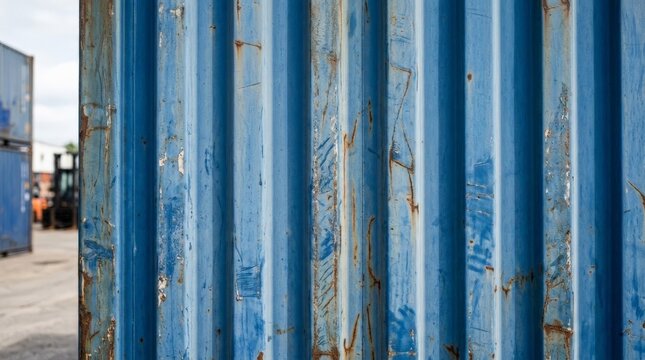 This crisp close-up displays a heavily weathered blue shipping container featuring a distinct rust texture metal surface with scratches and peeling paint in a industrial yard setting