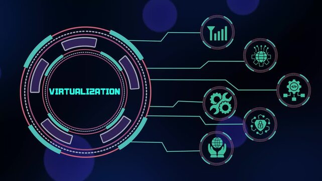 Virtualization technology concept featuring cloud computing, enterprise servers, scalable infrastructure, secure networking, digital platforms and automated systems.