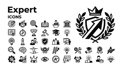 Fototapeta premium Expert Icons Collection: A comprehensive set of black and white icons representing expertise, skill, and achievement in various professional and academic fields, symbolizing knowledge, success.