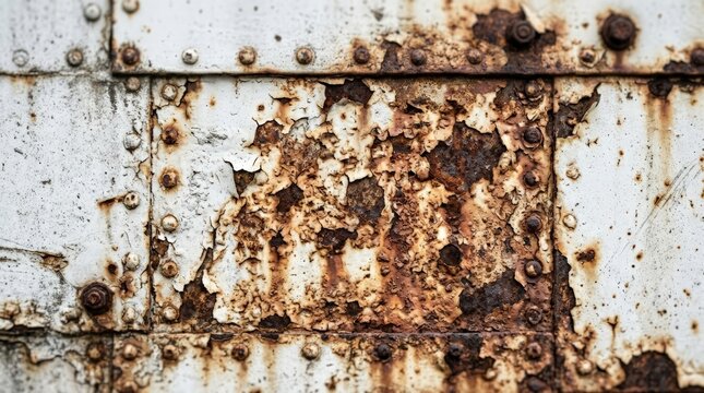 A close up view showcasing an industrial rust texture metal surface with peeling white paint, bolted panels, and severe corrosion creating an aged and weathered abstract background