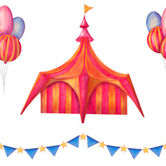 Hand-drawn watercolor circus seamless pattern for children. Whimsical circus tent with balloons and blue strip of flags. © Rina Moon