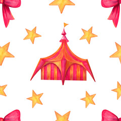 Hand-drawn watercolor circus seamless pattern for children. Whimsical circus tent with stars and red bow. © Rina Moon