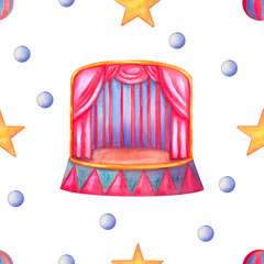 Hand-drawn watercolor circus seamless pattern for children. Whimsical circus arena with stars and beads. © Rina Moon