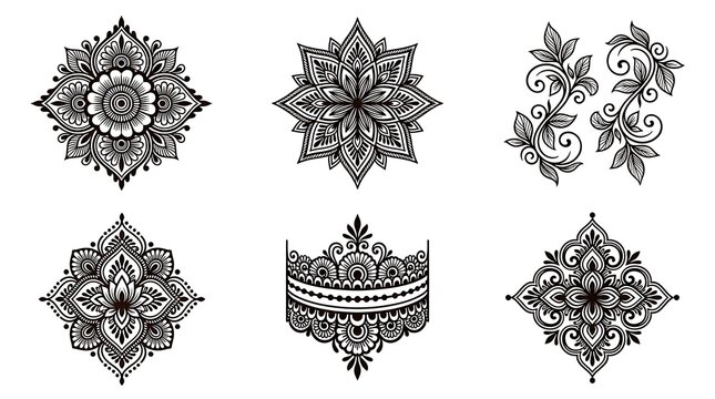Set of six intricate black and white mehndi designs, featuring mandalas and floral patterns, perfect for traditional art and decorative elements.